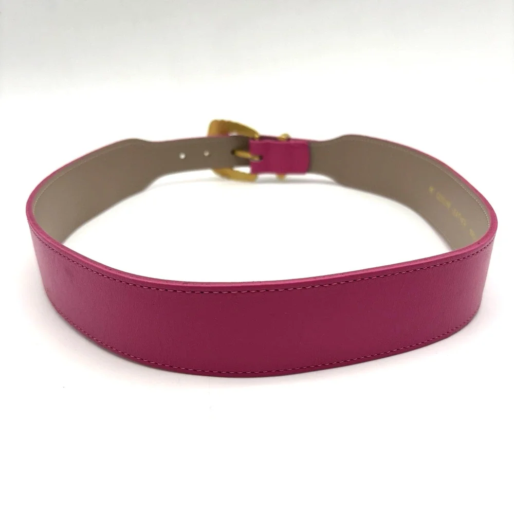 Vintage 80s Hot Pink Genuine Leather Brass Buckle Waist Belt M 26-29